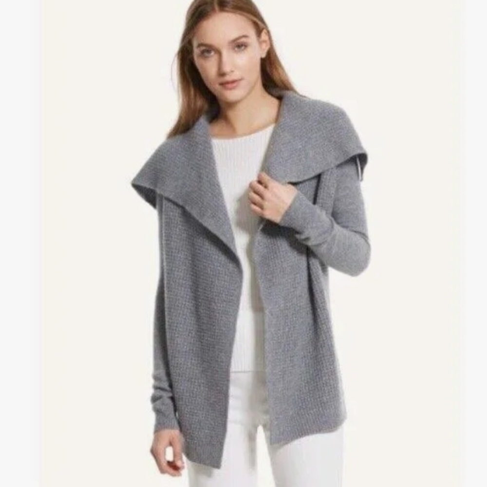 Theory Cashmere Open Front Draped Collar Cardigan Winxie D Grey Waffle Knit LG